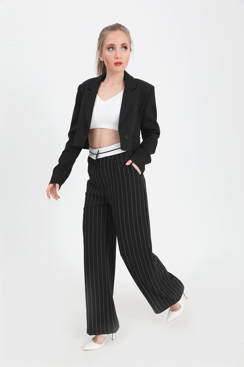 Pantolon Garni Kemerli Geniş Çizgili - Siyah