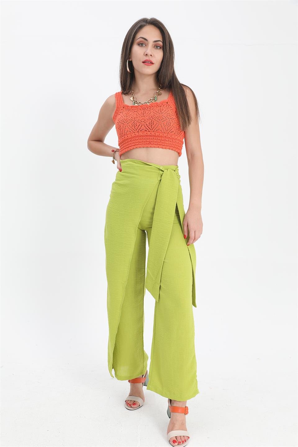 Pantolon Önden Bağlamalı Keten - Açık Yeşil