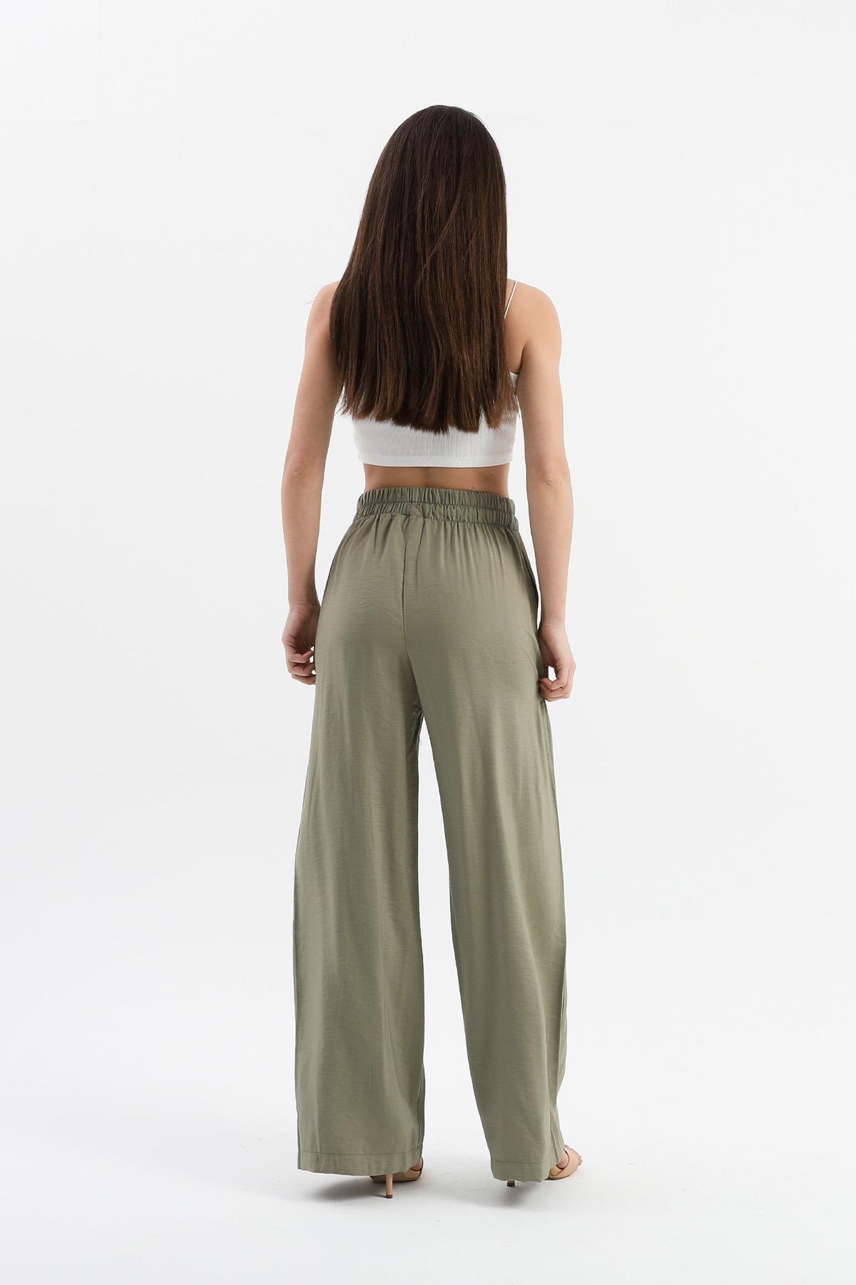 Parlak Keten Cepli Beli Lastikli Pantolon - Haki
