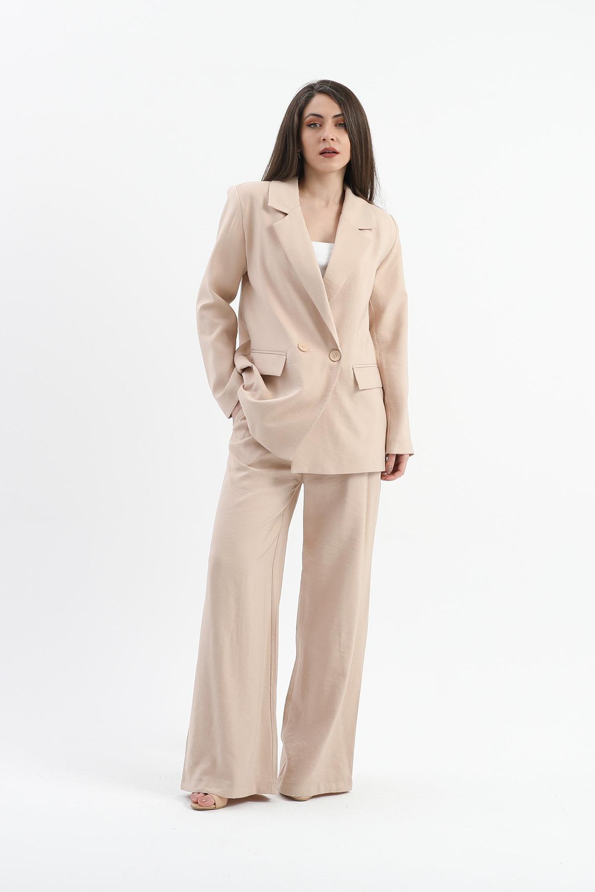 Parlak Keten Cepli Beli Lastikli Pantolon - Taş