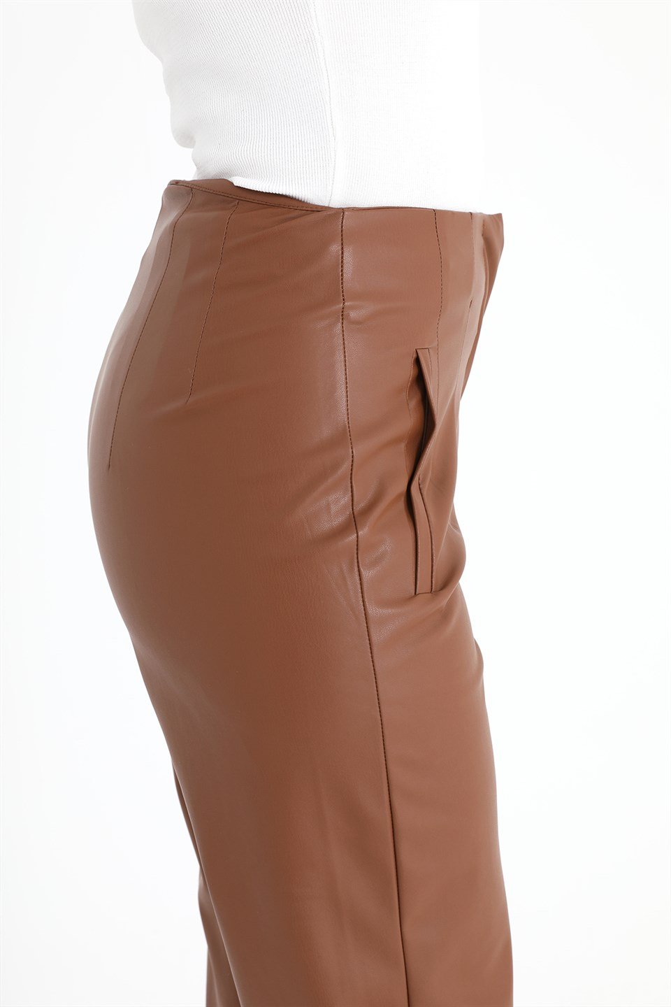 Pensli Yüksek Bel Deri Pantolon - Taba