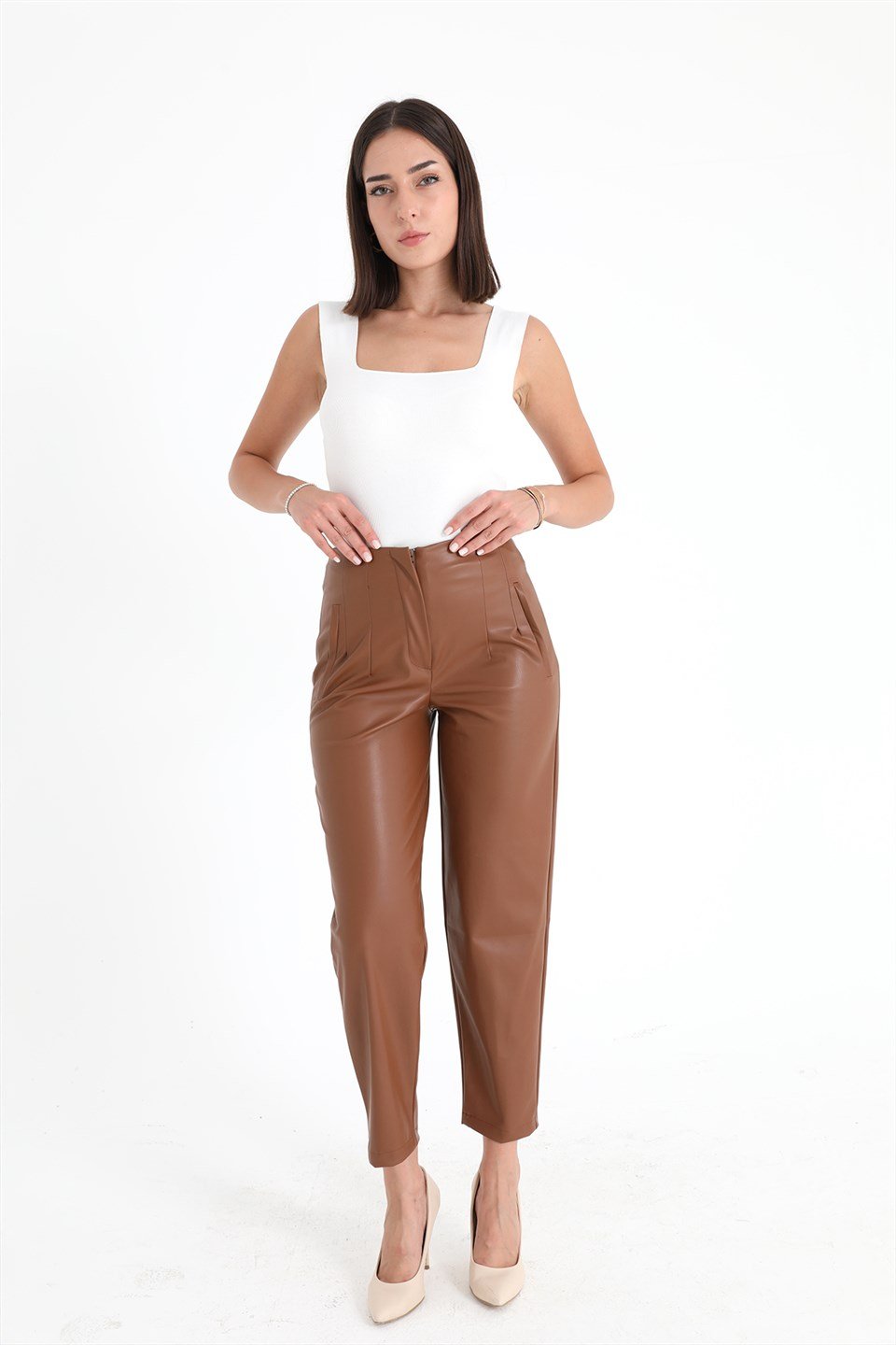 Pensli Yüksek Bel Deri Pantolon - Taba