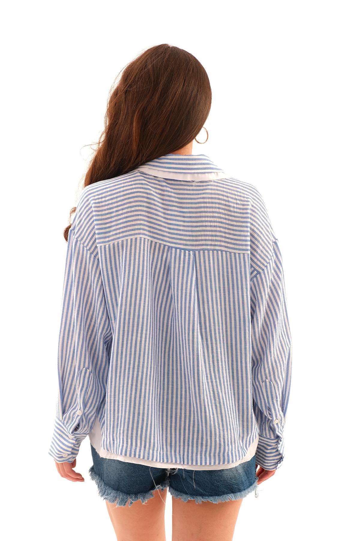 Poplin Garnili Çizgili Keten Gömlek - Mavi