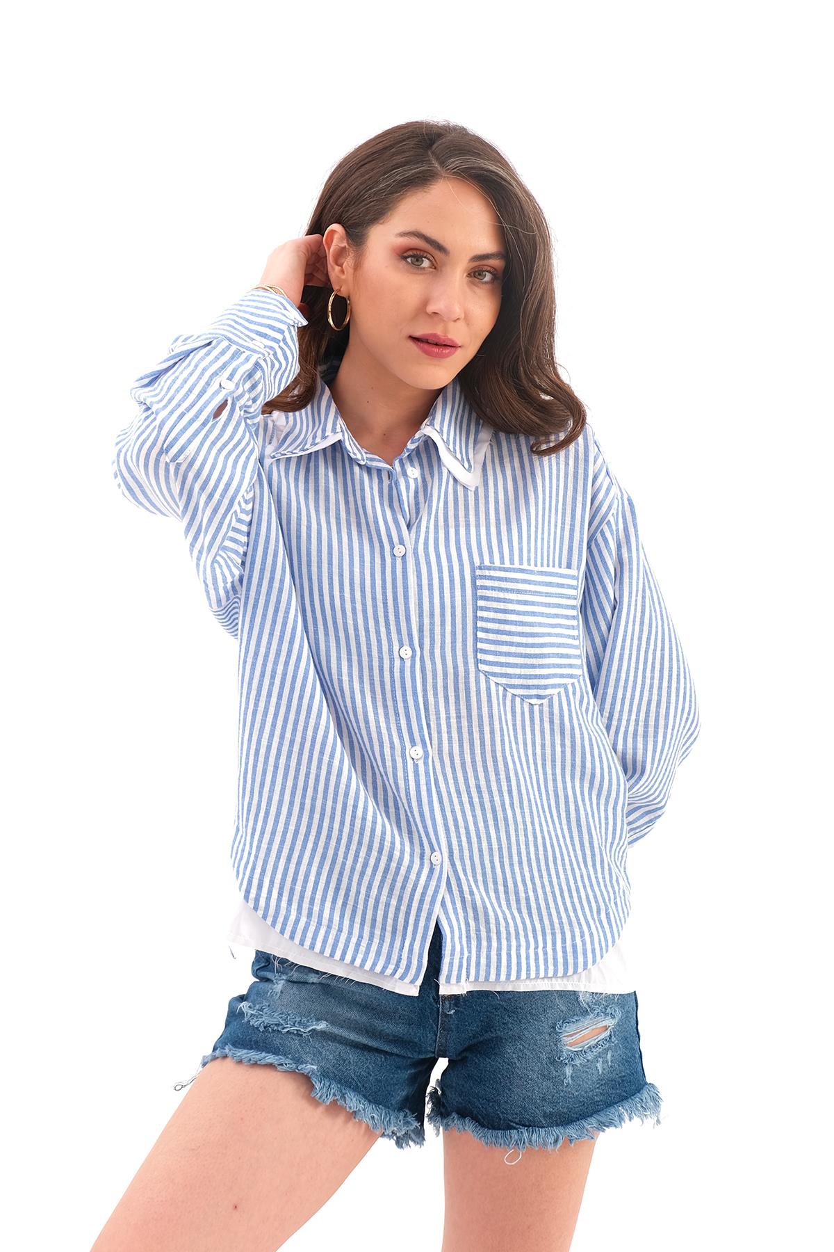 Poplin Garnili Çizgili Keten Gömlek - Mavi