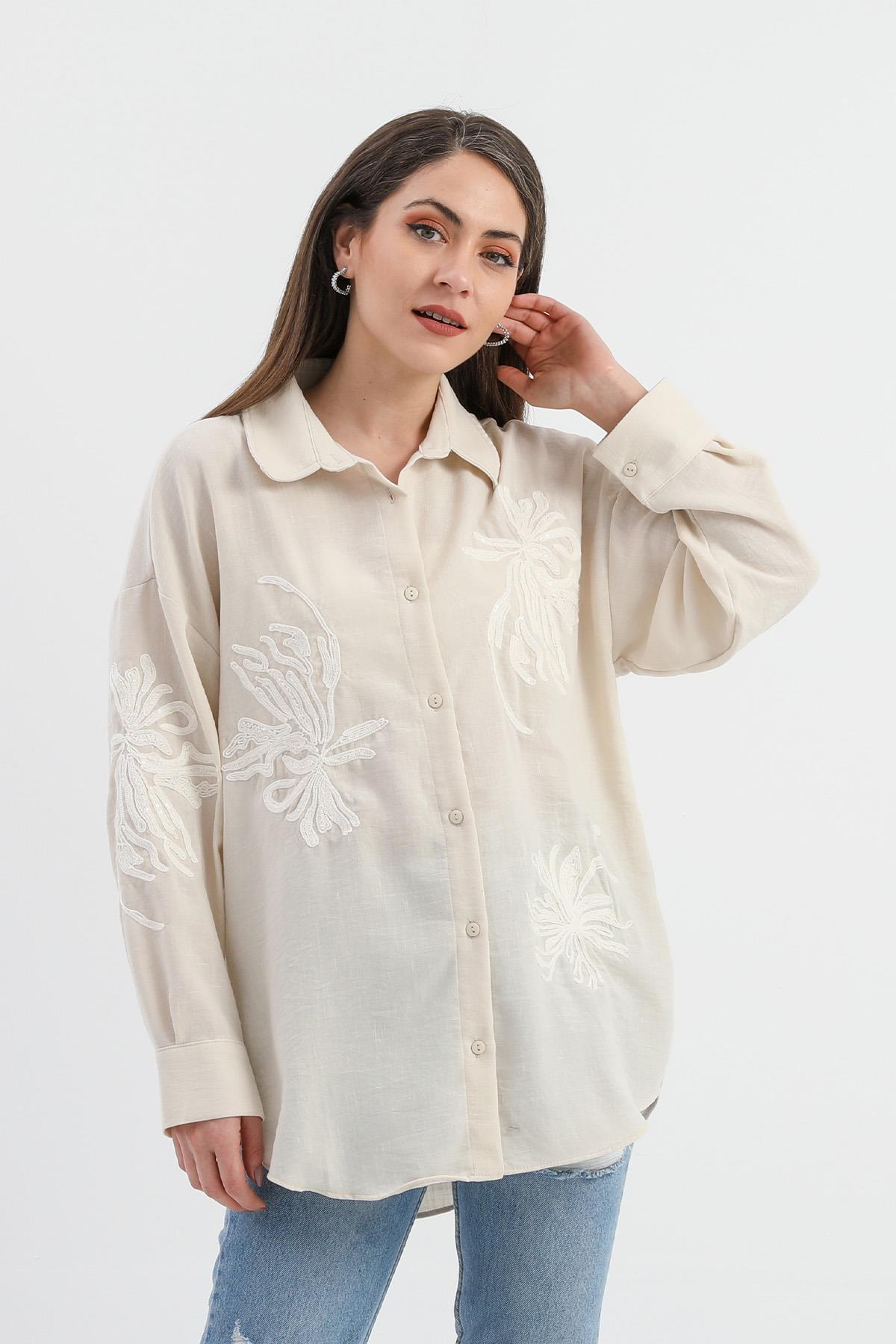 Pulpayet Nakışlı Keten Gömlek - Bej
