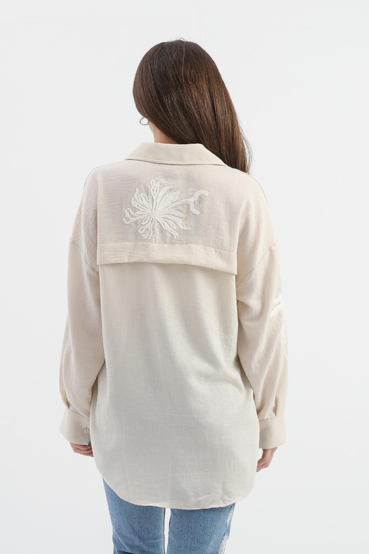 Pulpayet Nakışlı Keten Gömlek - Bej