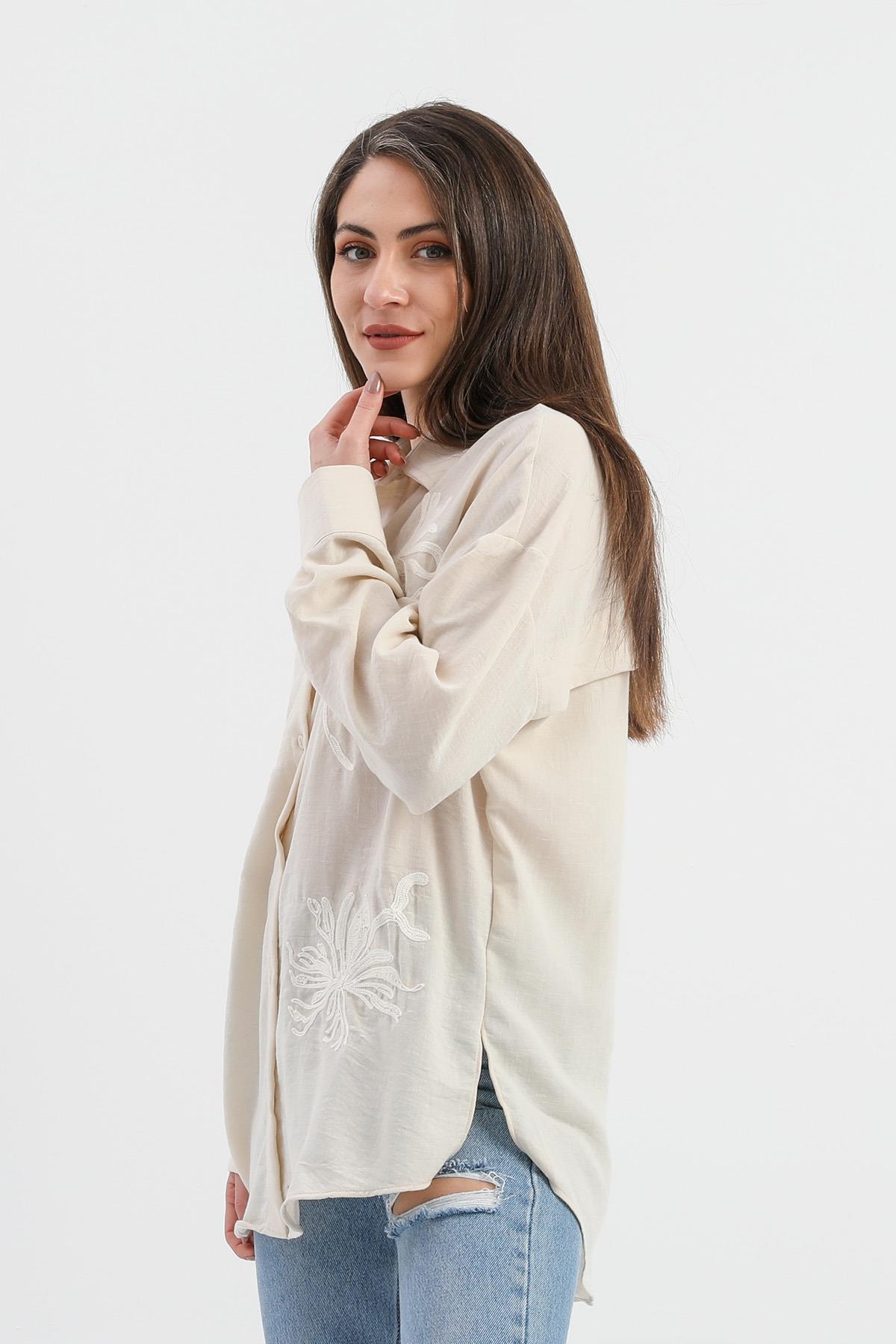 Pulpayet Nakışlı Keten Gömlek - Bej