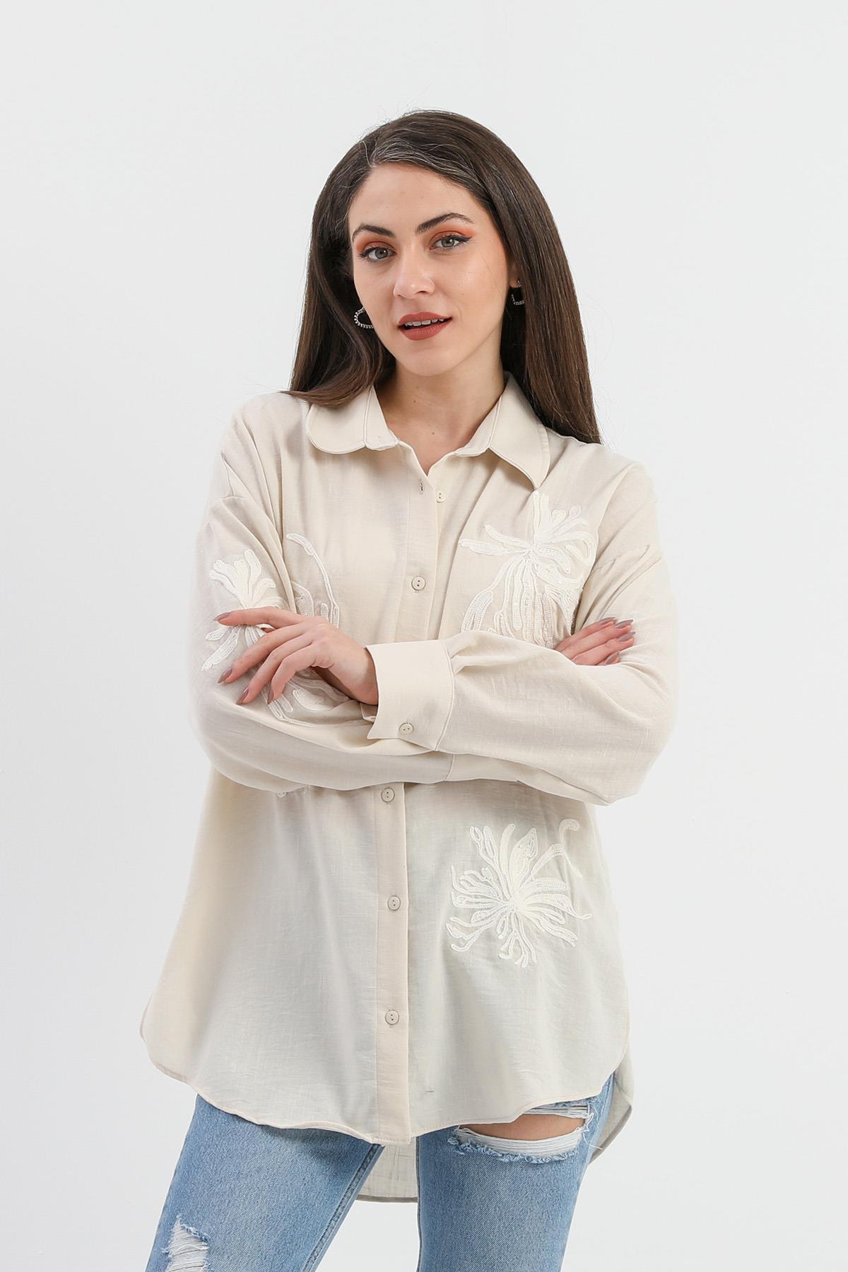 Pulpayet Nakışlı Keten Gömlek - Bej