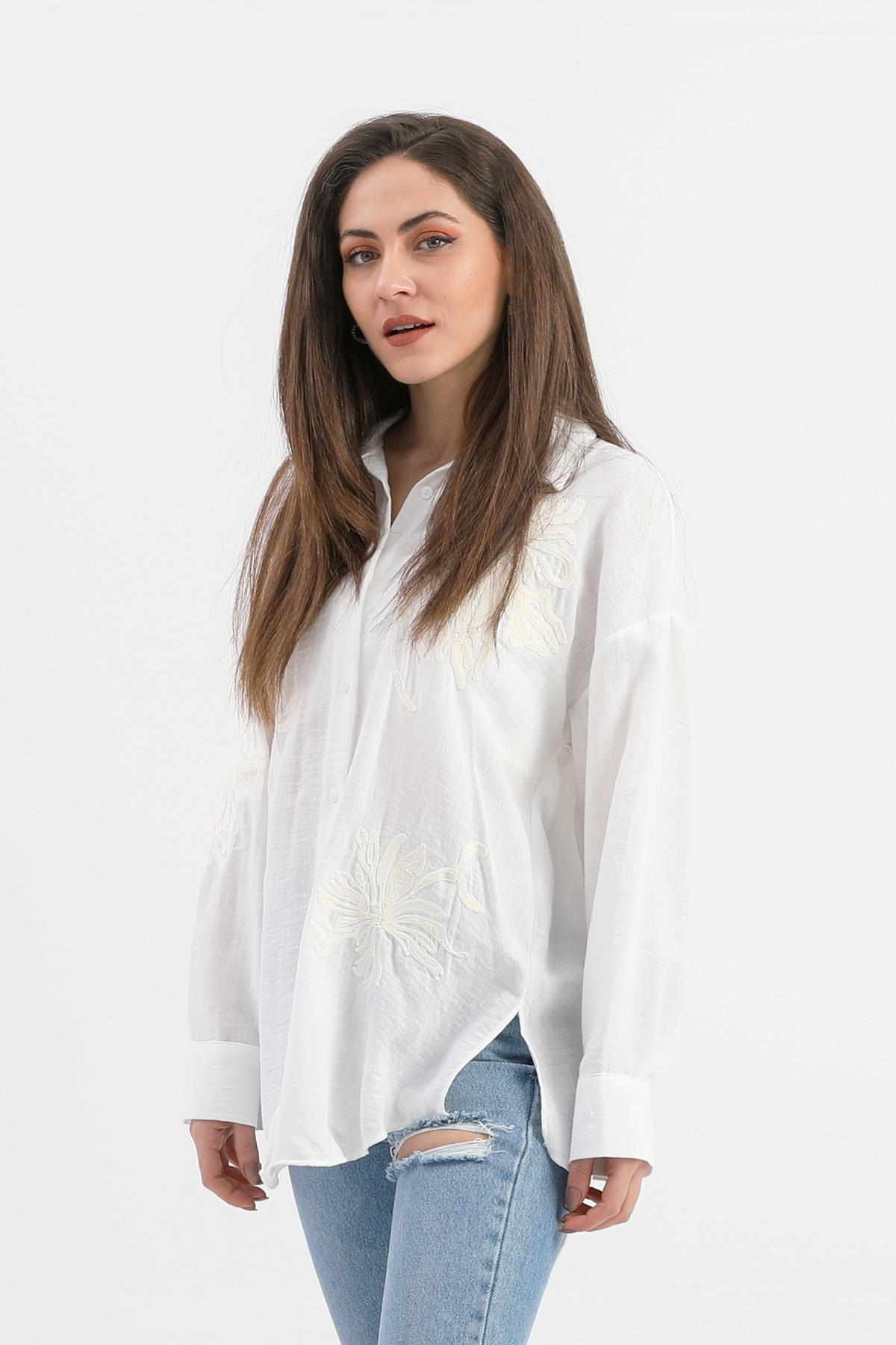 Pulpayet Nakışlı Keten Gömlek - Ekru