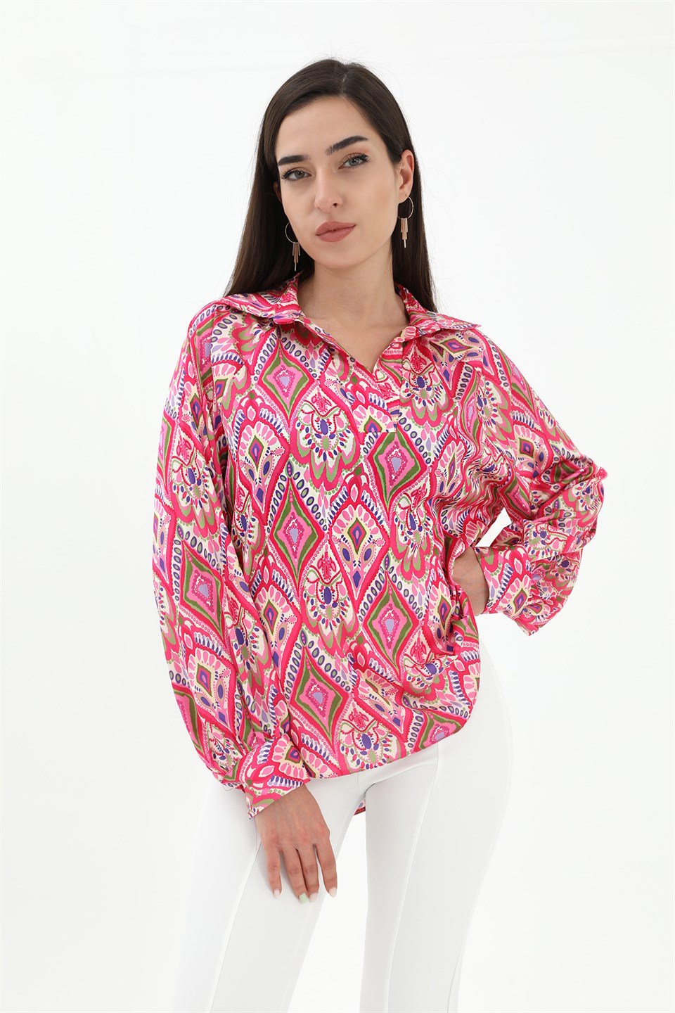 Reglan Kol Baskılı Saten Gömlek - Pembe