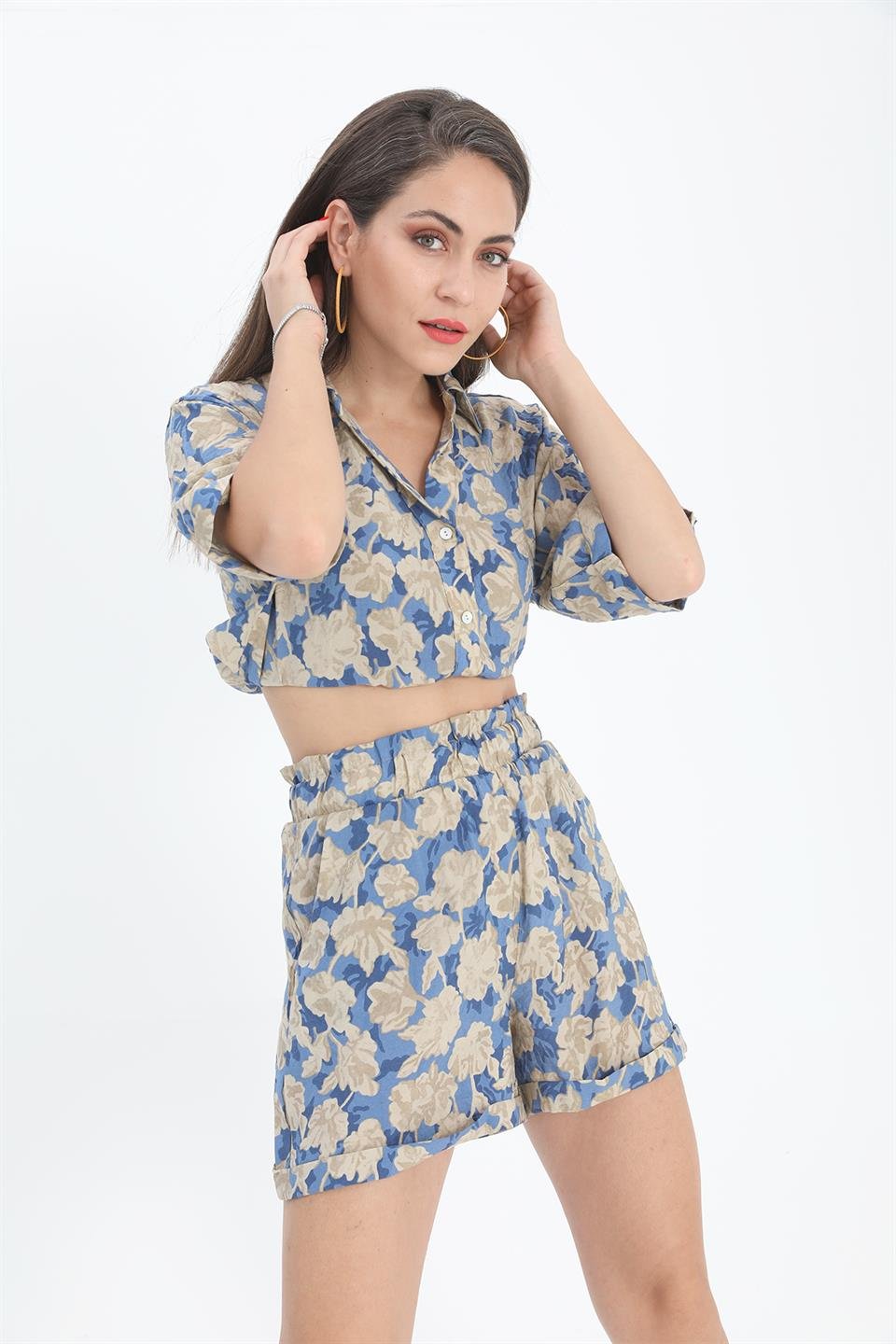 Şort Baskılı Duble Katlamalı Lastikli - Mavi