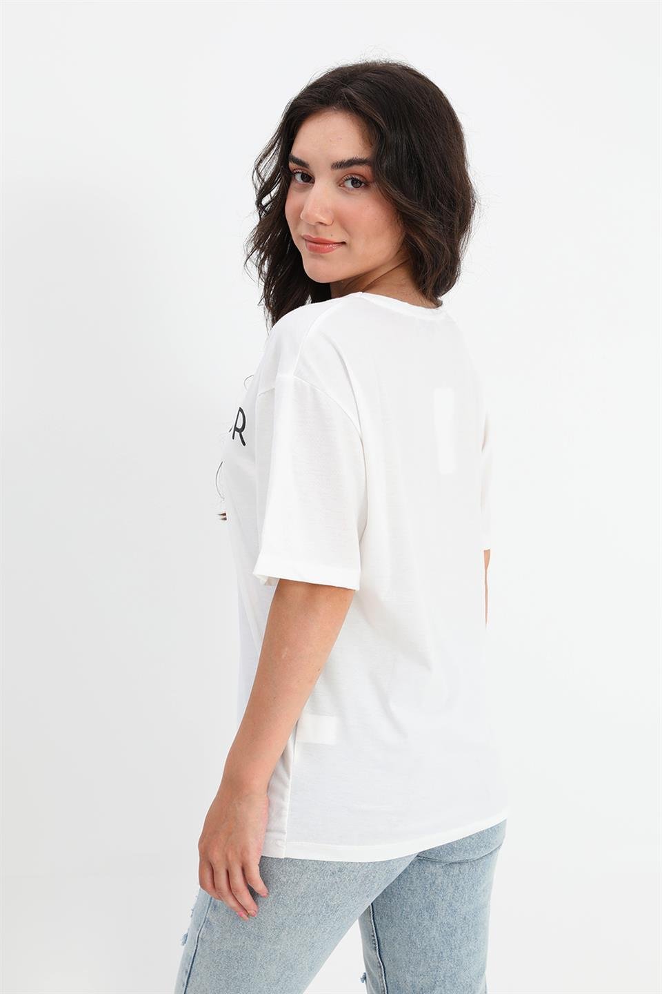 T-shirt Bisiklet Yaka Bonjour Yazılı - Beyaz