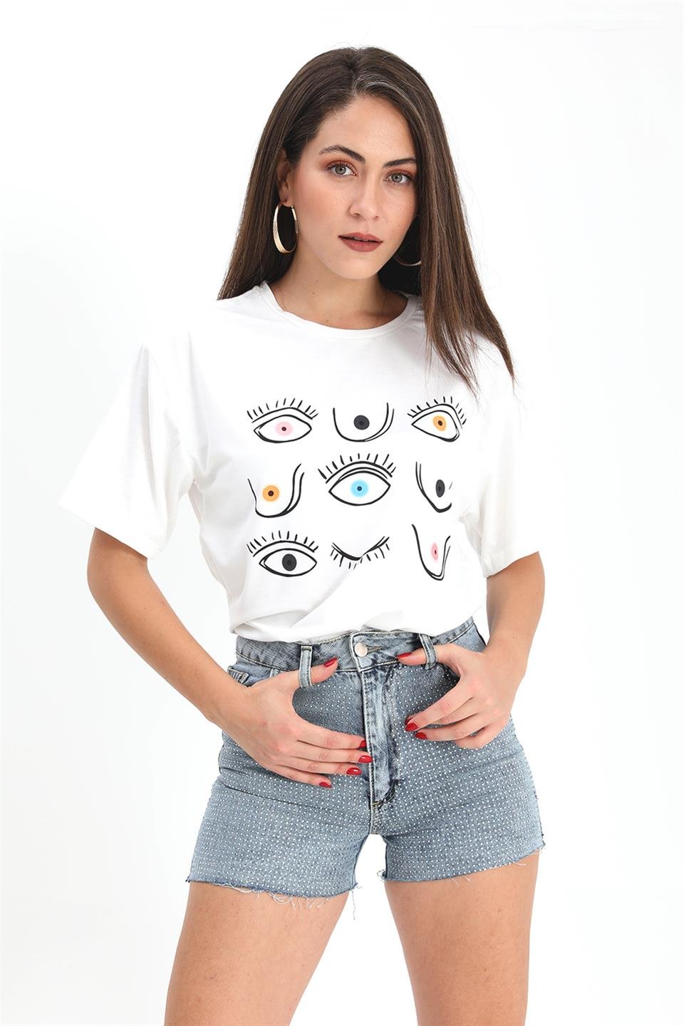 Taş İşlemeli Yüksek Bel Kot Şort - Mavi