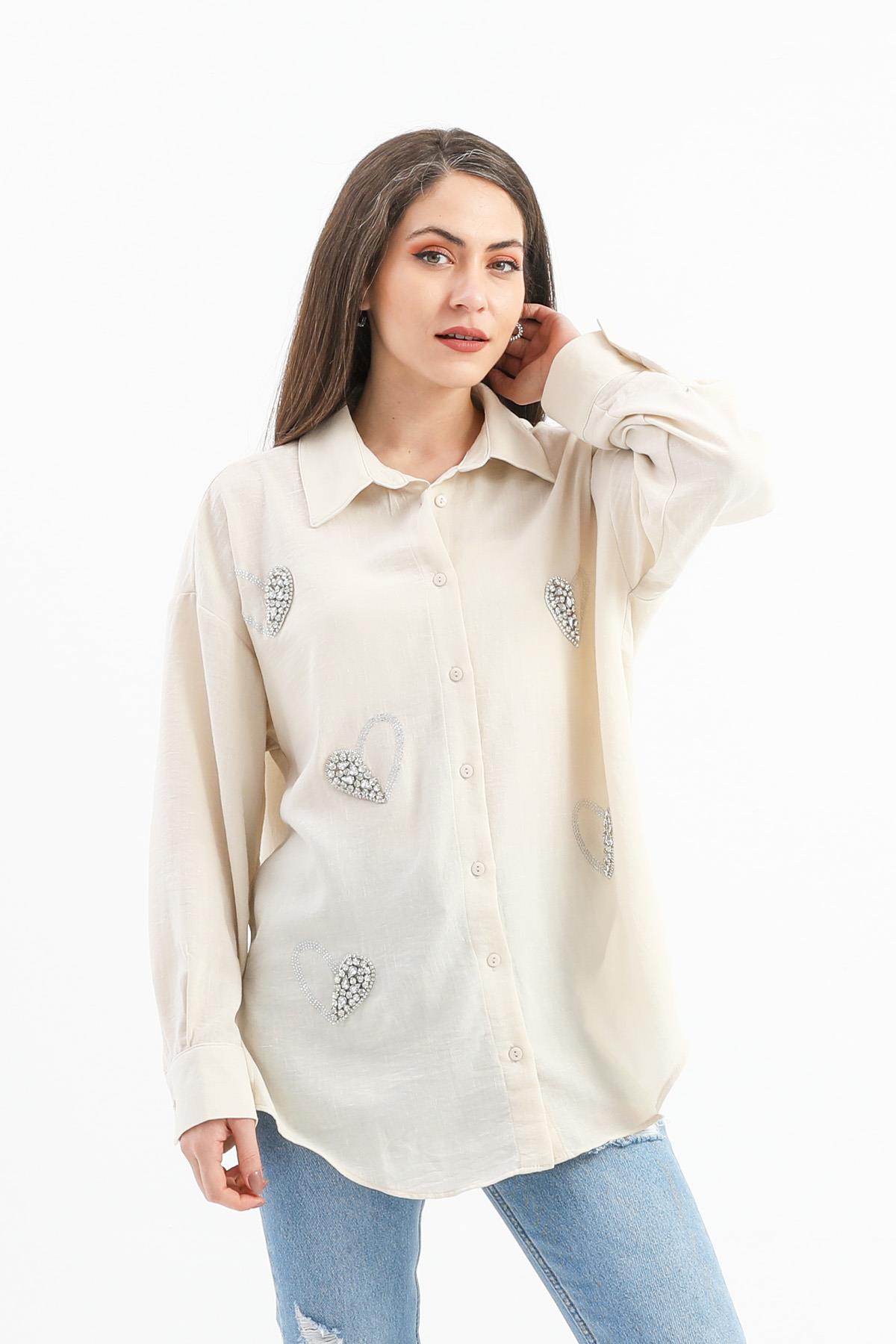 Taşlı Kalp İşlemeli Keten Gömlek - Bej