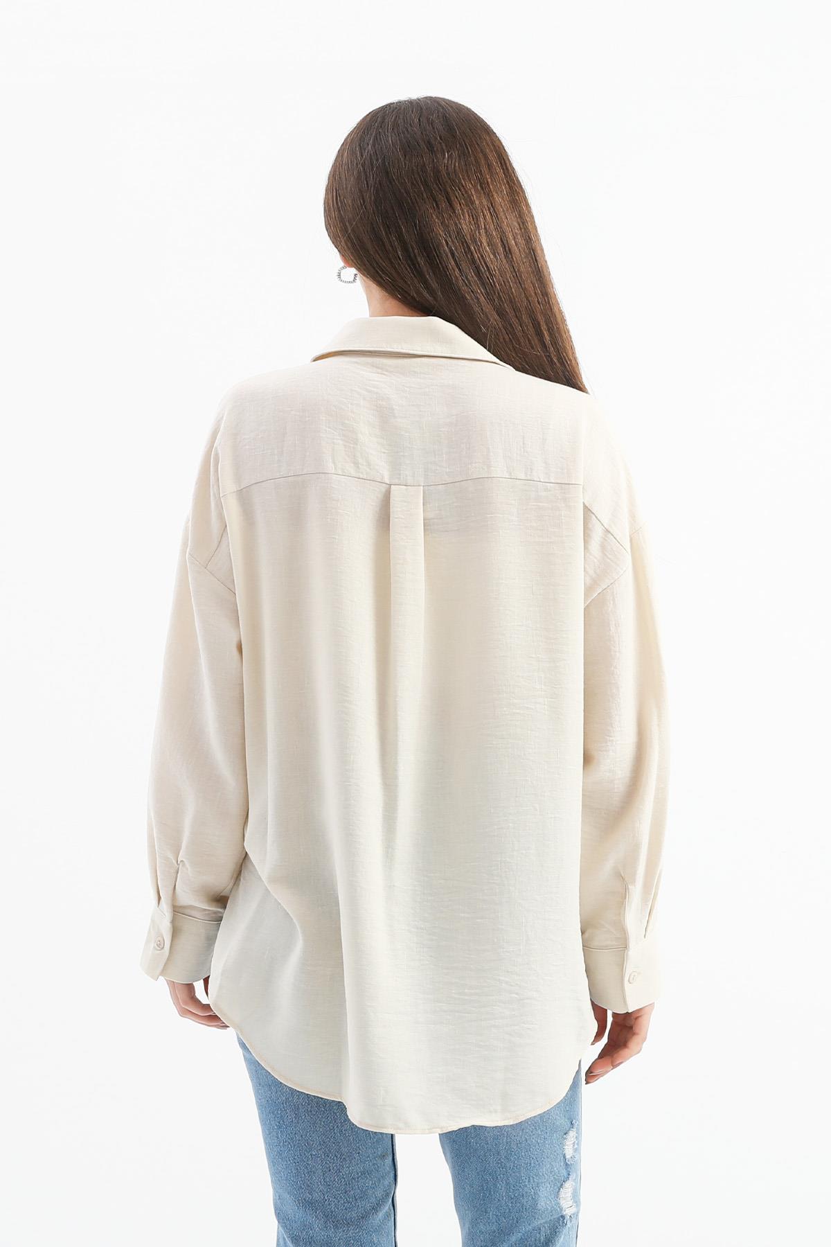 Taşlı Kalp İşlemeli Keten Gömlek - Bej