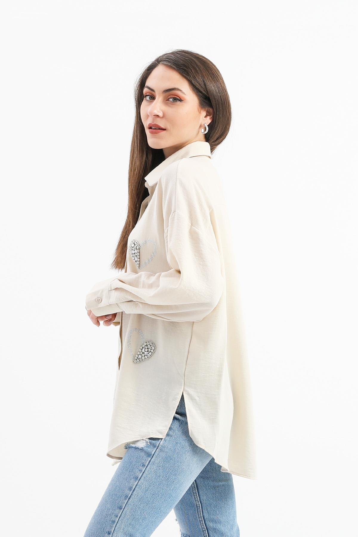 Taşlı Kalp İşlemeli Keten Gömlek - Bej