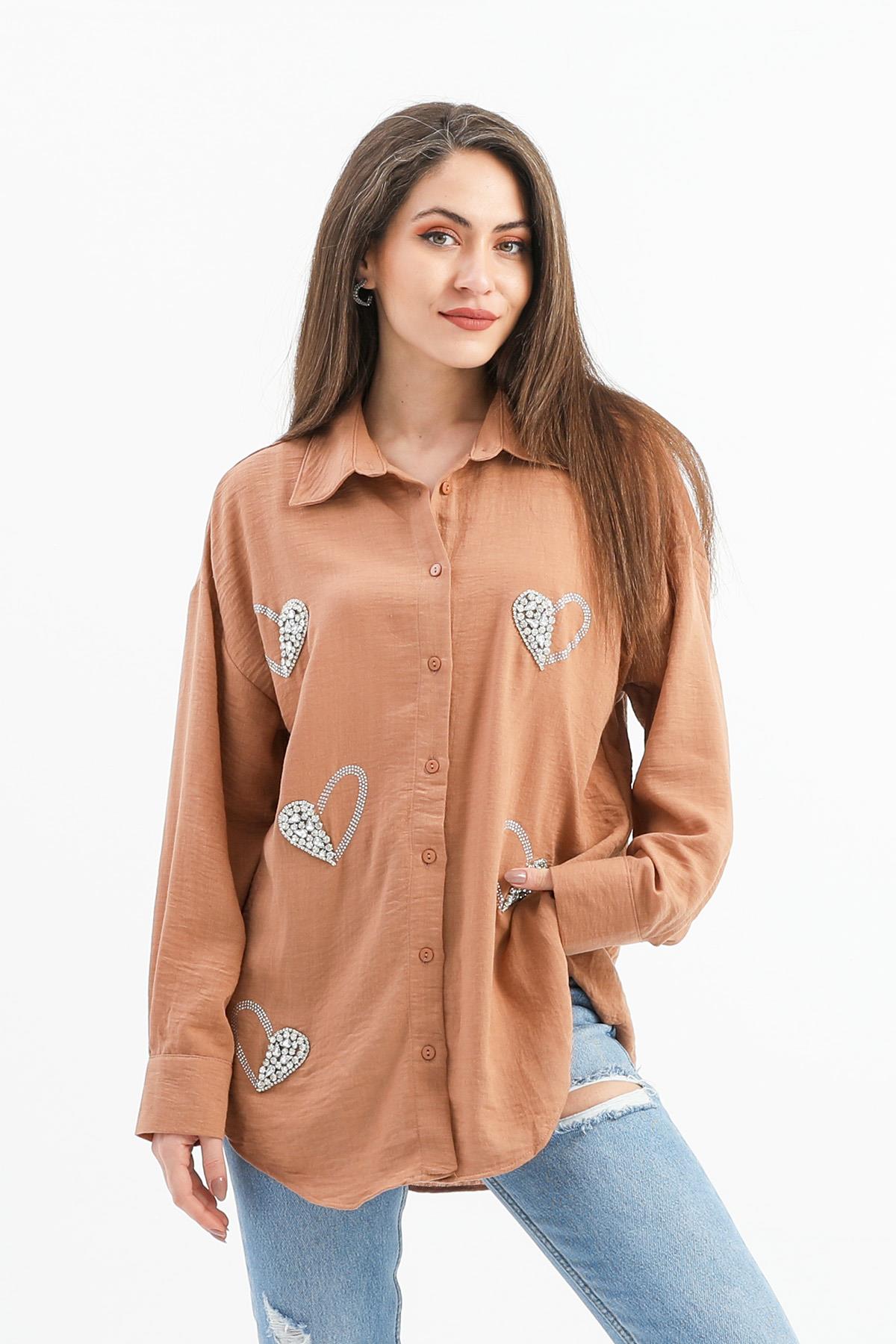 Taşlı Kalp İşlemeli Keten Gömlek - Vizon