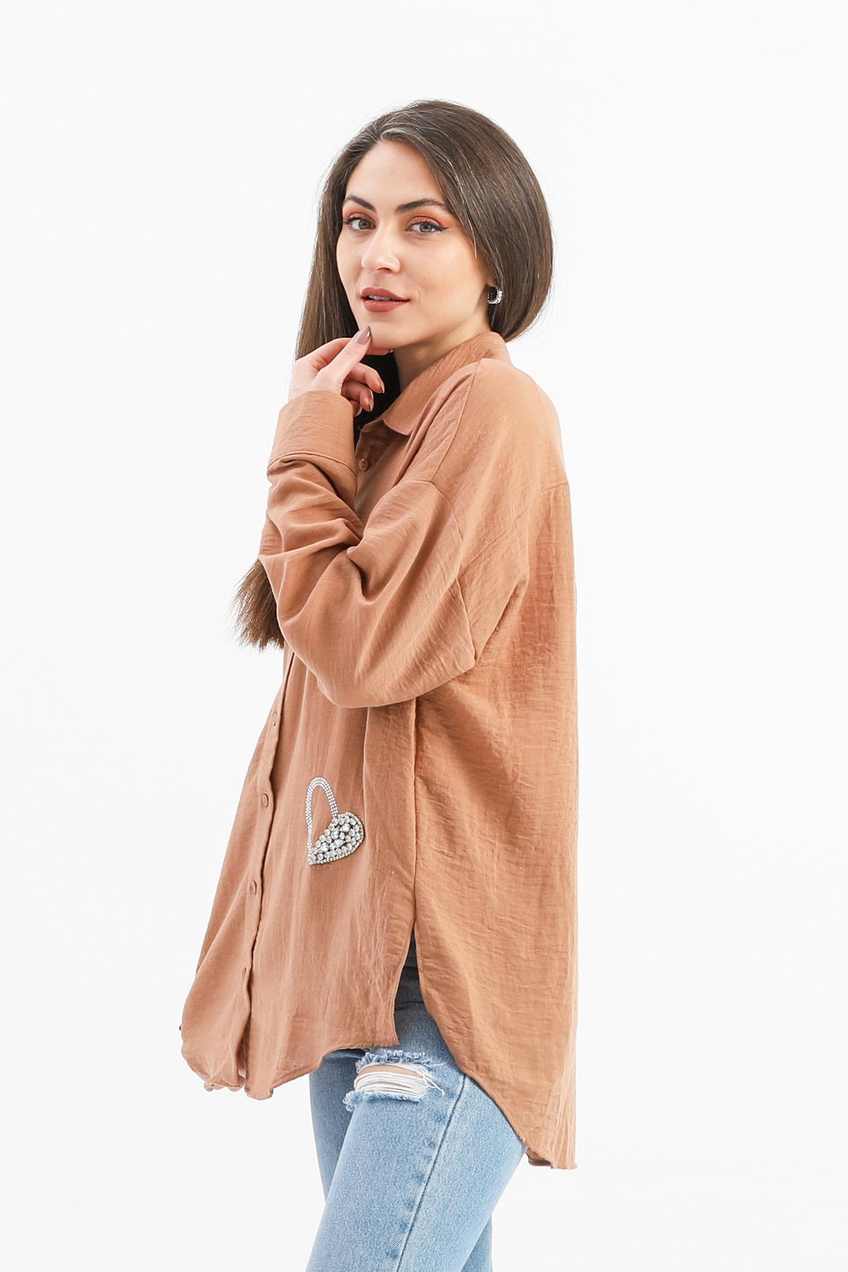 Taşlı Kalp İşlemeli Keten Gömlek - Vizon