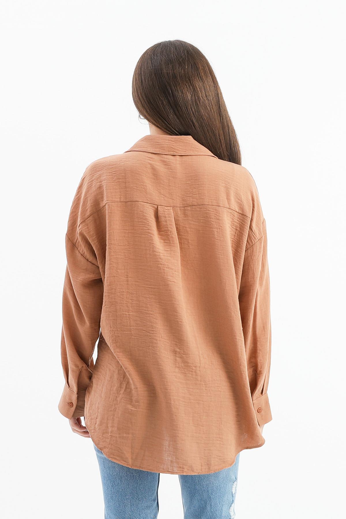 Taşlı Kalp İşlemeli Keten Gömlek - Vizon