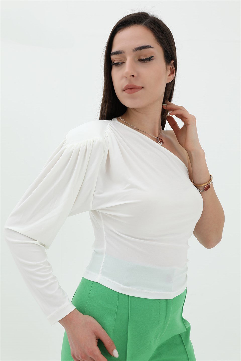 Tek Omuz Crop Bluz - Beyaz