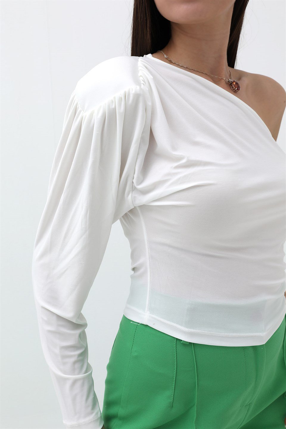 Tek Omuz Crop Bluz - Beyaz