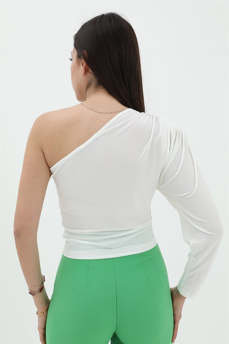 Tek Omuz Crop Bluz - Beyaz