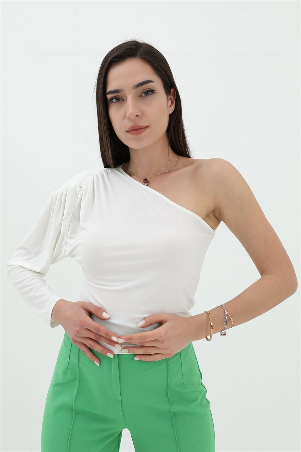 Tek Omuz Crop Bluz - Beyaz