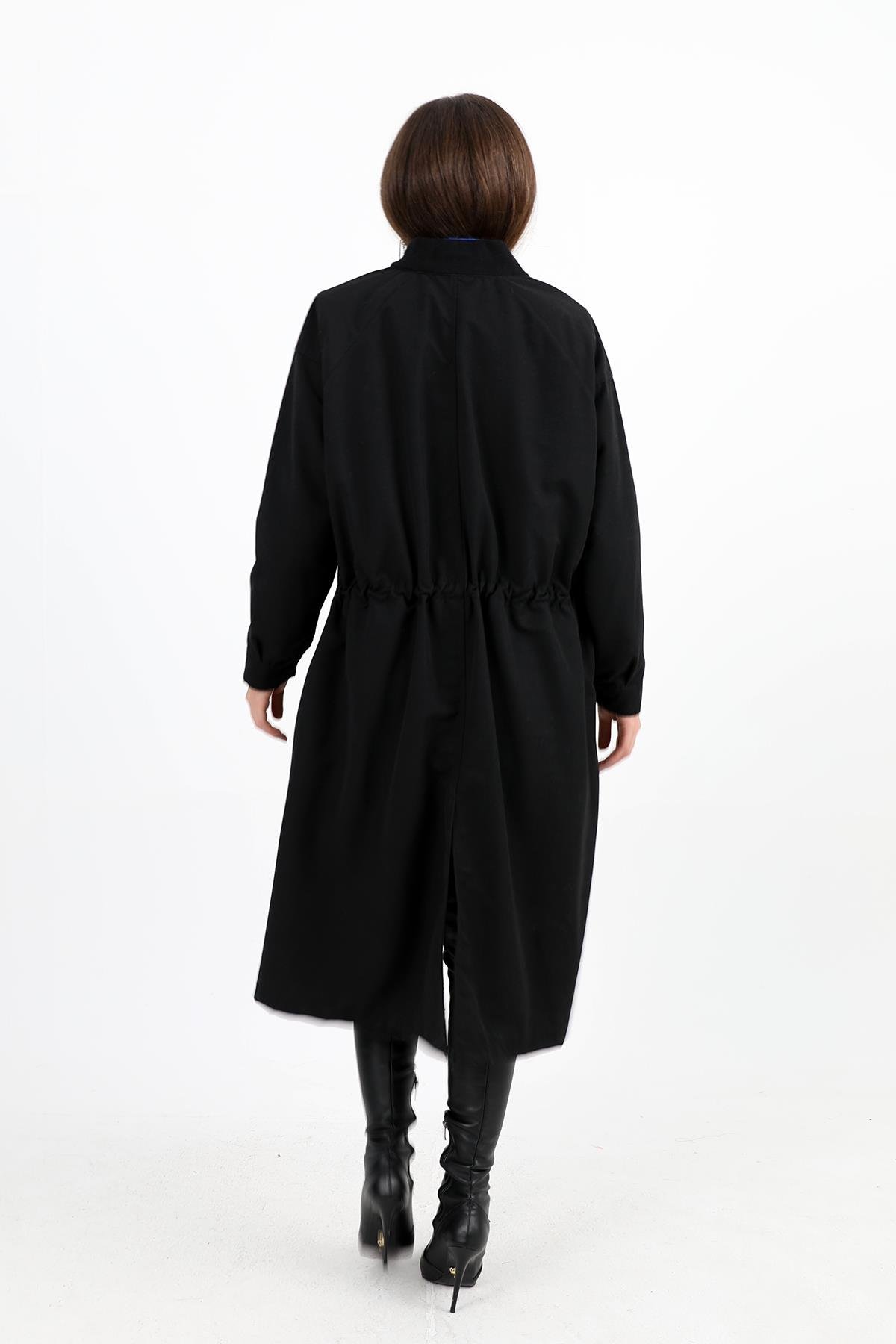 Trençkot Yakası Ribanalı Kolu Çıtçıtlı Fermuarlı - Siyah