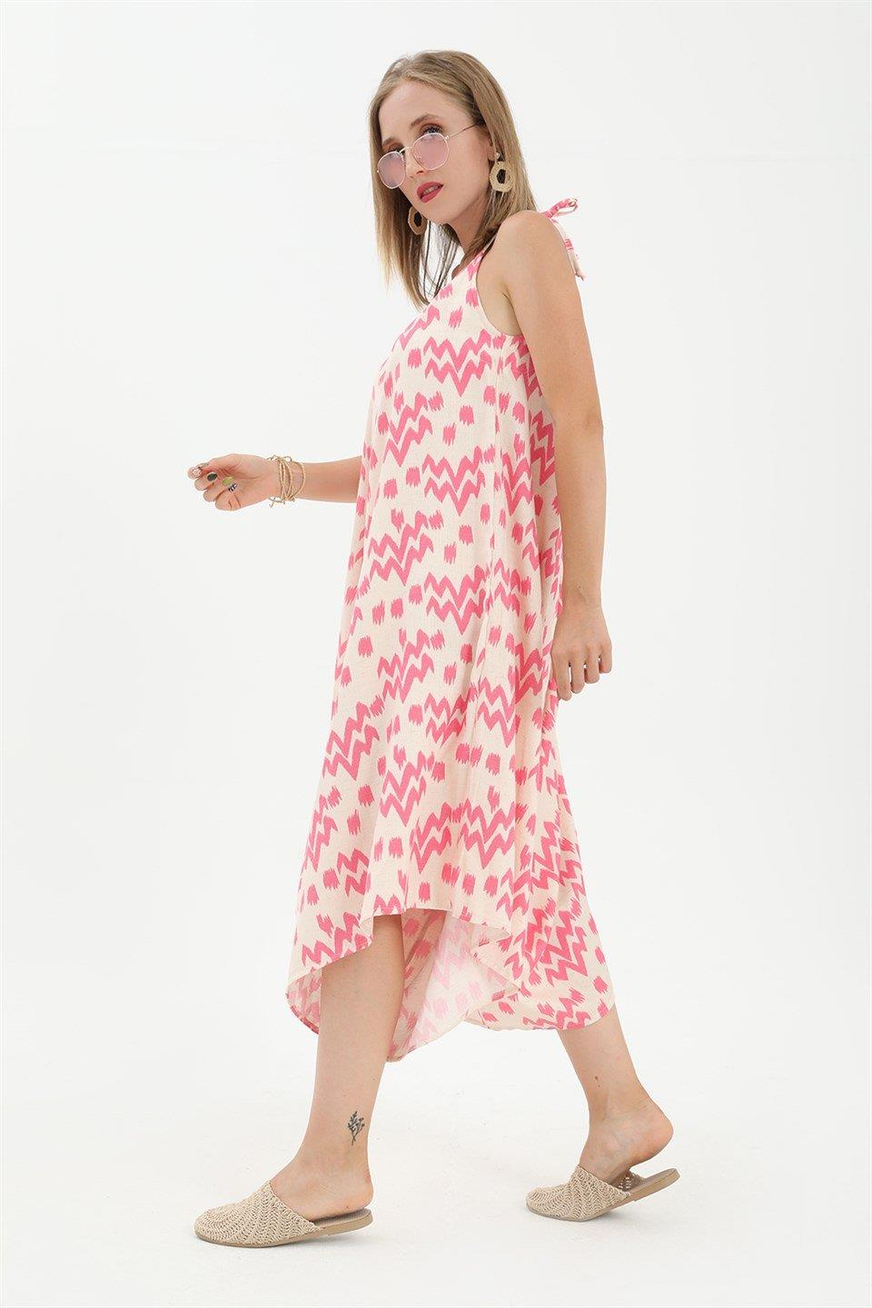 Tulum Ayarlanabilir Askılı Keten Desenli - Fuşya