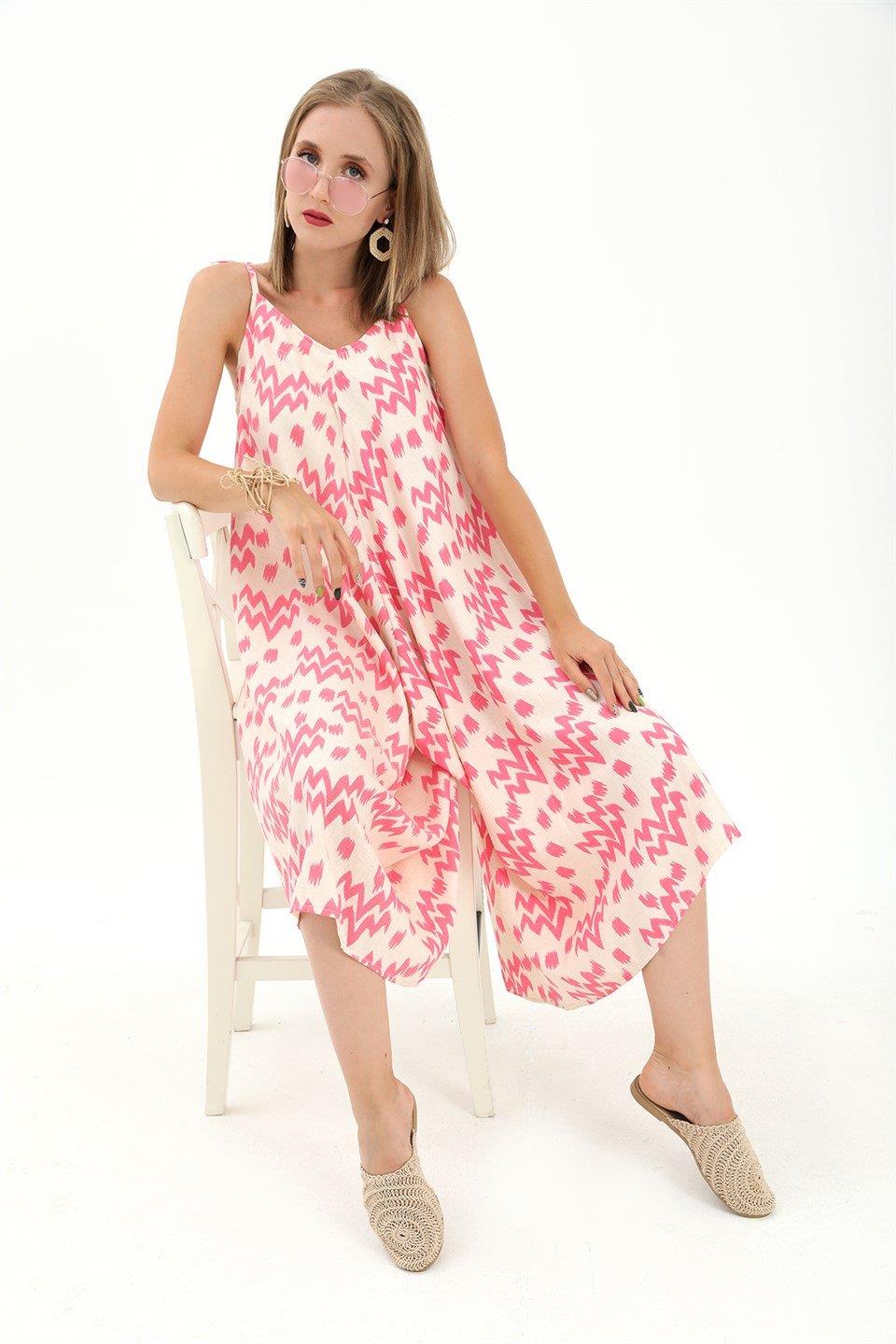 Tulum Ayarlanabilir Askılı Keten Desenli - Fuşya
