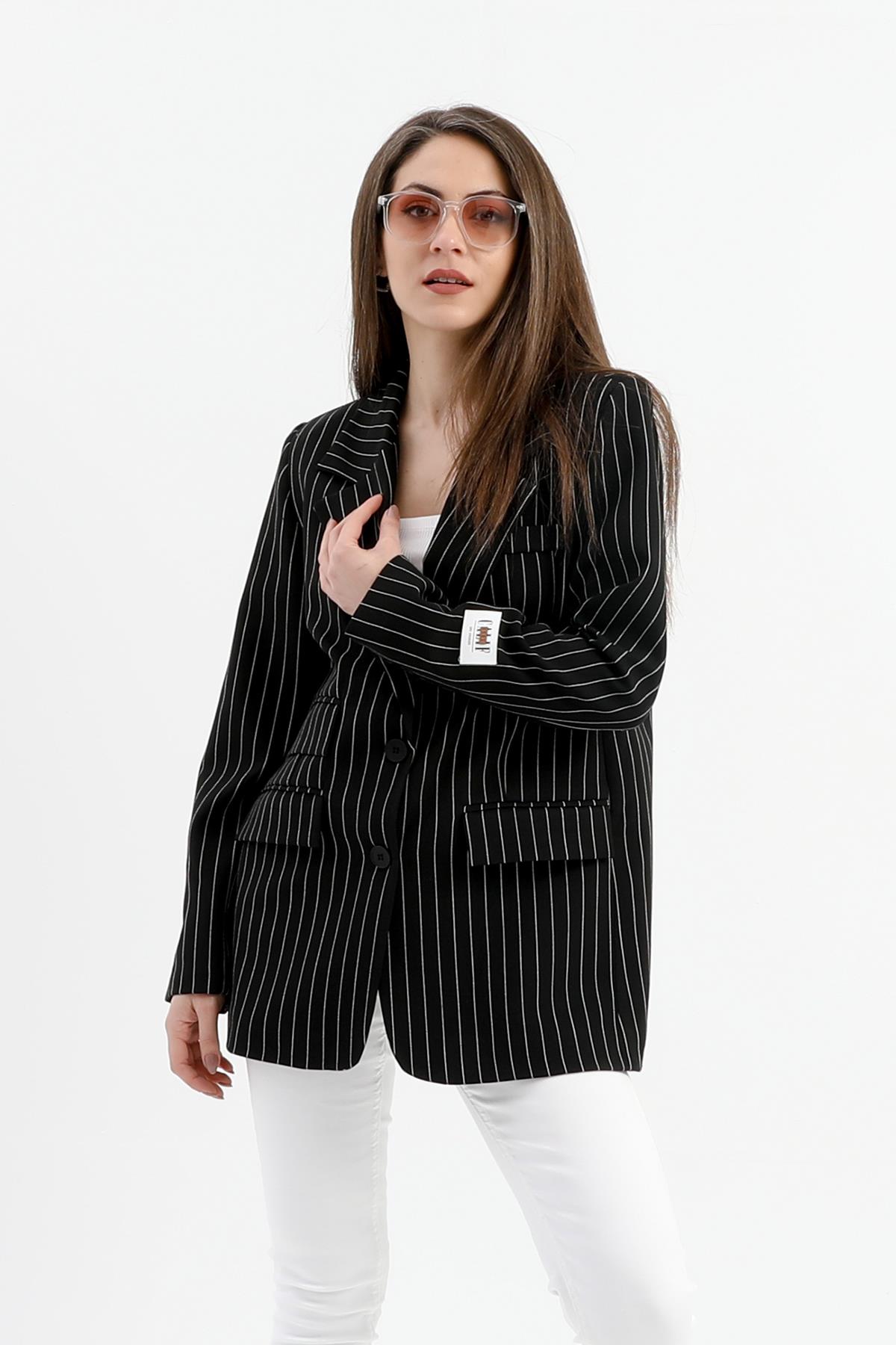 Üç Cep Kapaklı Çizgili Poliviskon Ceket - Siyah