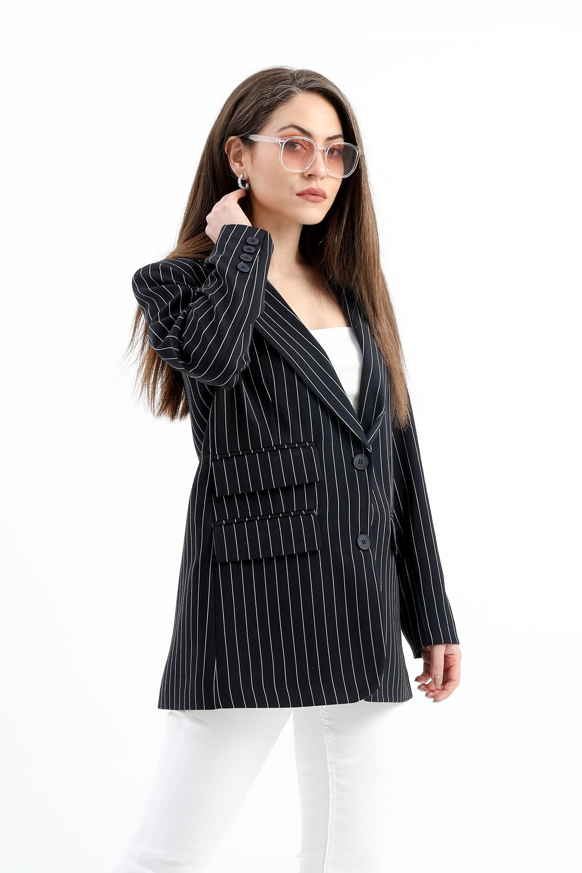 Üç Cep Kapaklı Çizgili Poliviskon Ceket - Siyah