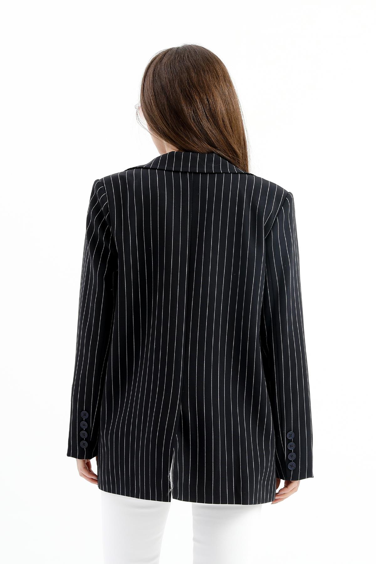 Üç Cep Kapaklı Çizgili Poliviskon Ceket - Siyah
