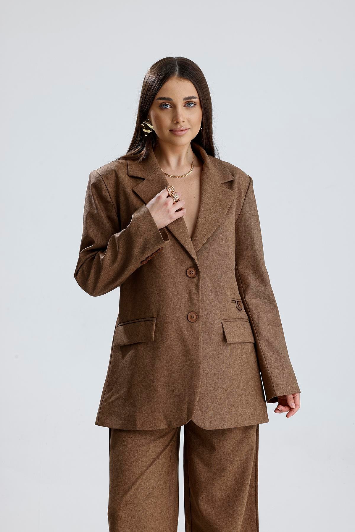 Üç Cepli Önü Düğmeli Oversize Blazer Ceket - Açık Kahve