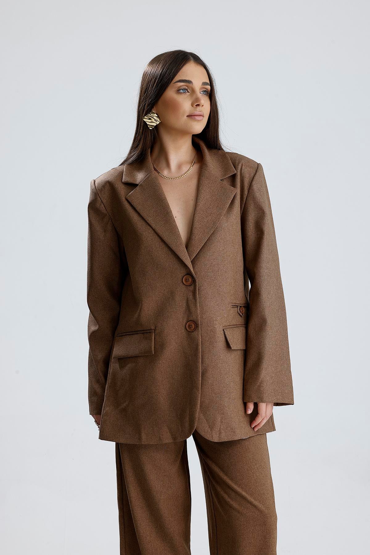 Üç Cepli Önü Düğmeli Oversize Blazer Ceket - Açık Kahve