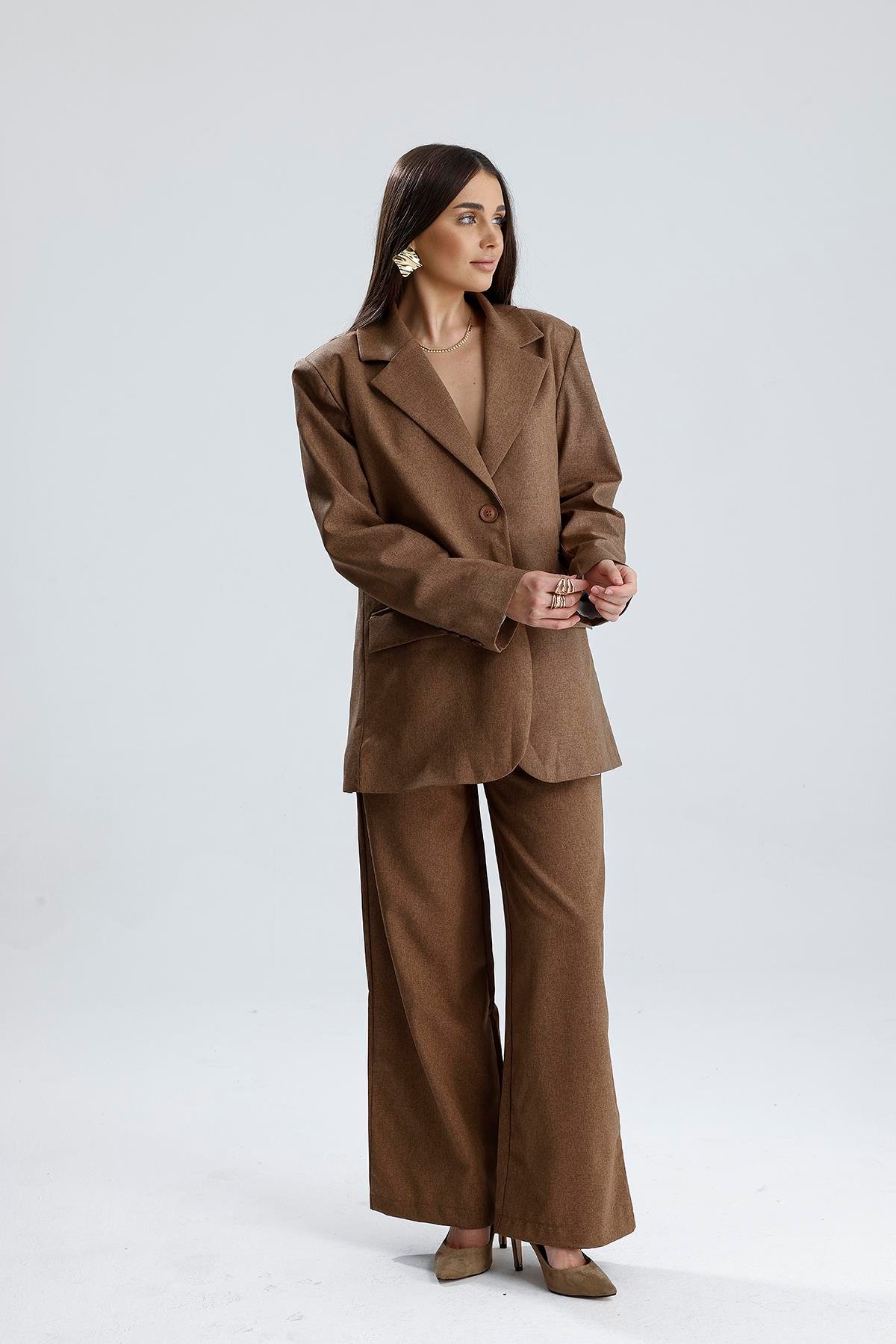 Üç Cepli Önü Düğmeli Oversize Blazer Ceket - Açık Kahve