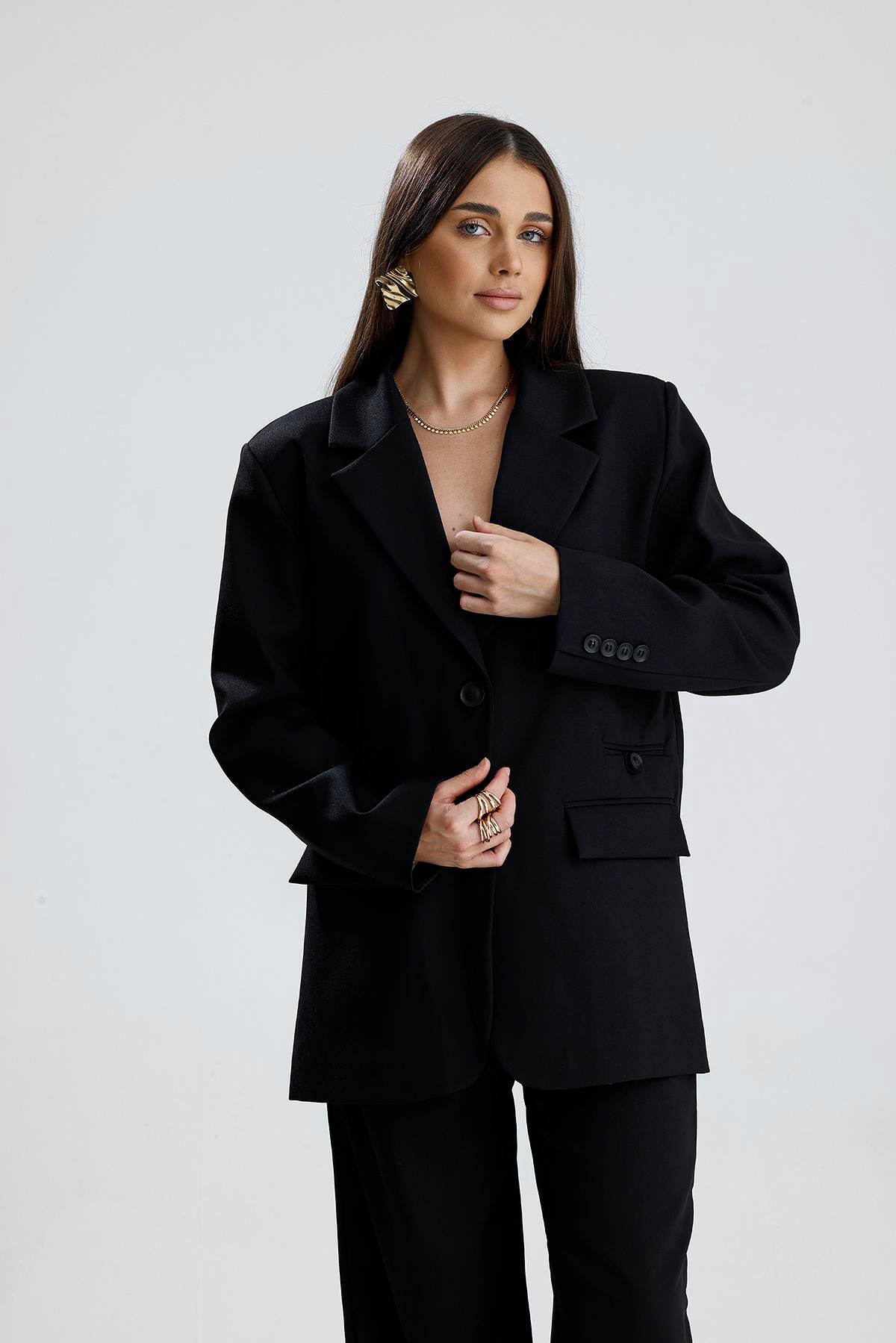 Üç Cepli Önü Düğmeli Oversize Blazer Ceket - Siyah