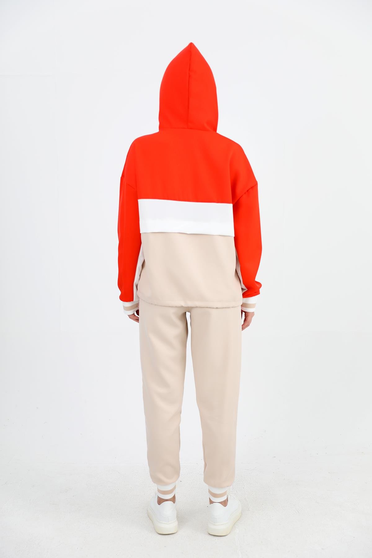 Üç Renk Fermuarlı Kapüşonlu Eşofman Takımı - Turuncu