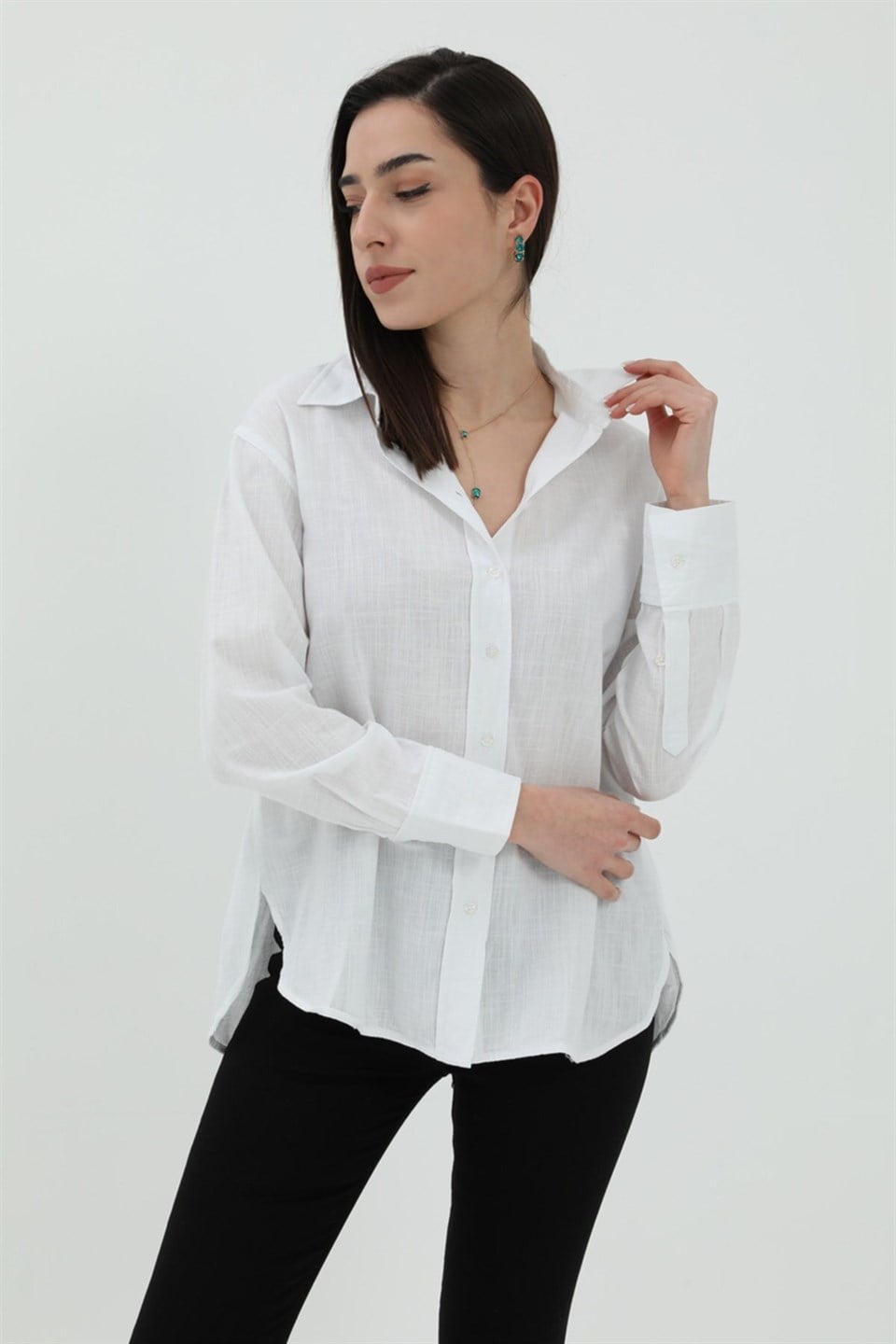 Uzun Kol Oversize Basic Gömlek - Beyaz