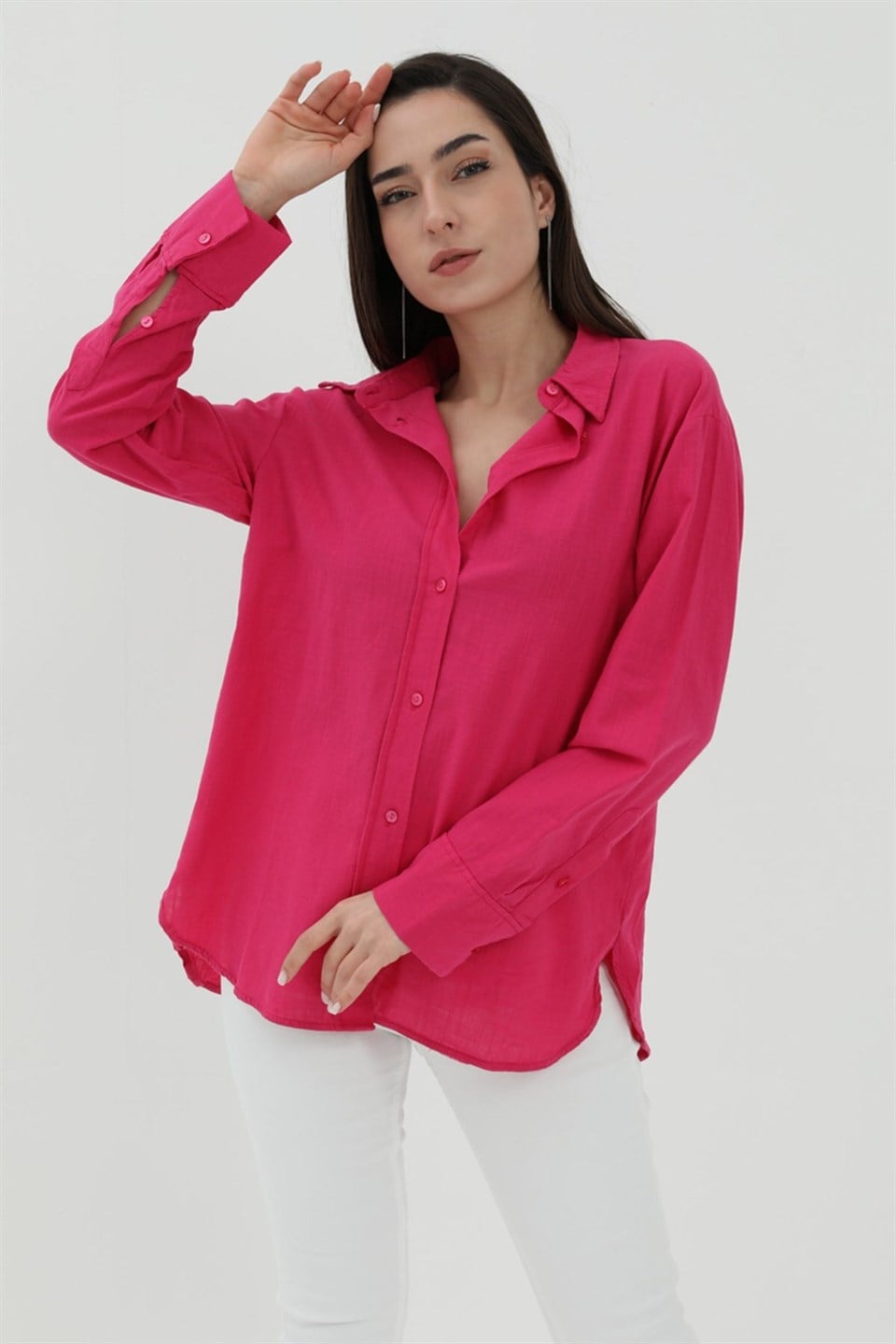 Uzun Kol Oversize Basic Gömlek - Fuşya