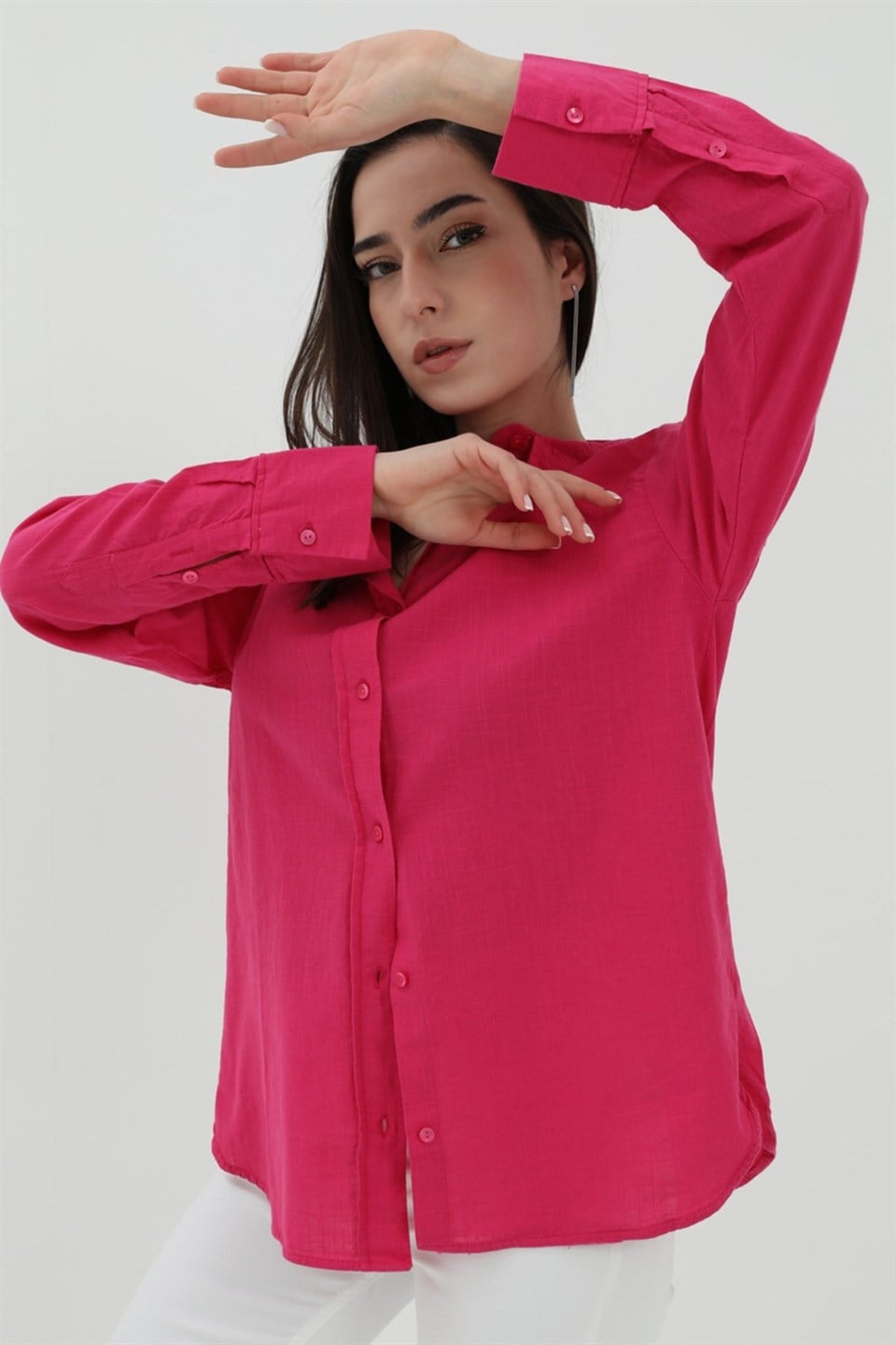 Uzun Kol Oversize Basic Gömlek - Fuşya