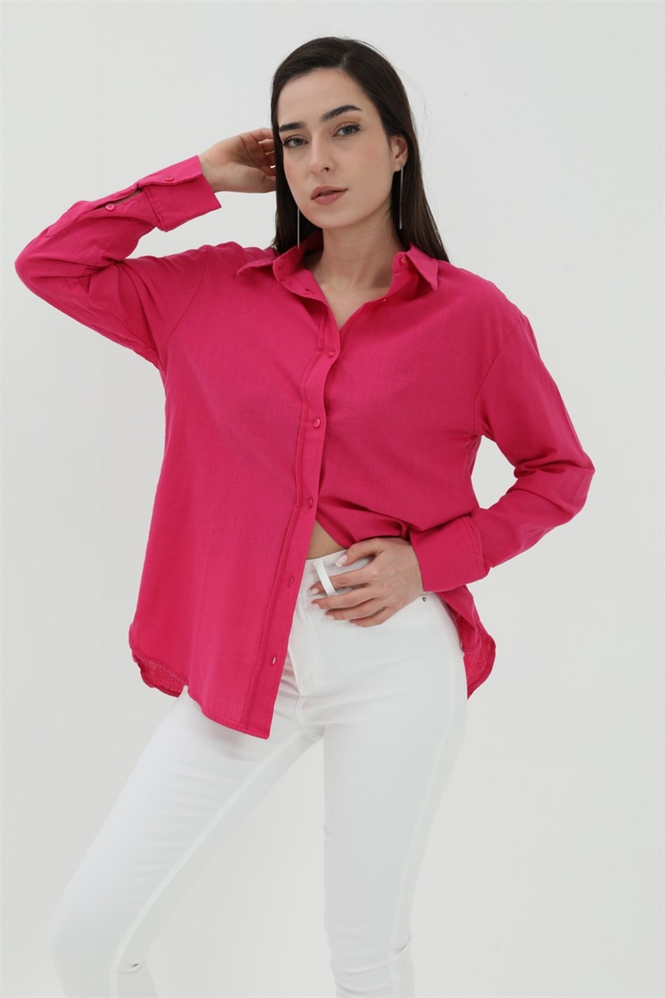 Uzun Kol Oversize Basic Gömlek - Fuşya