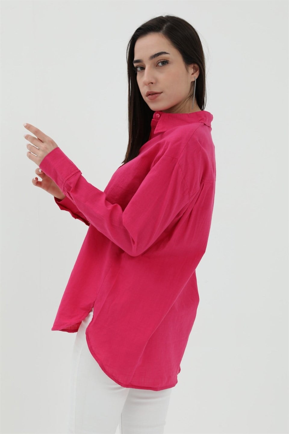 Uzun Kol Oversize Basic Gömlek - Fuşya