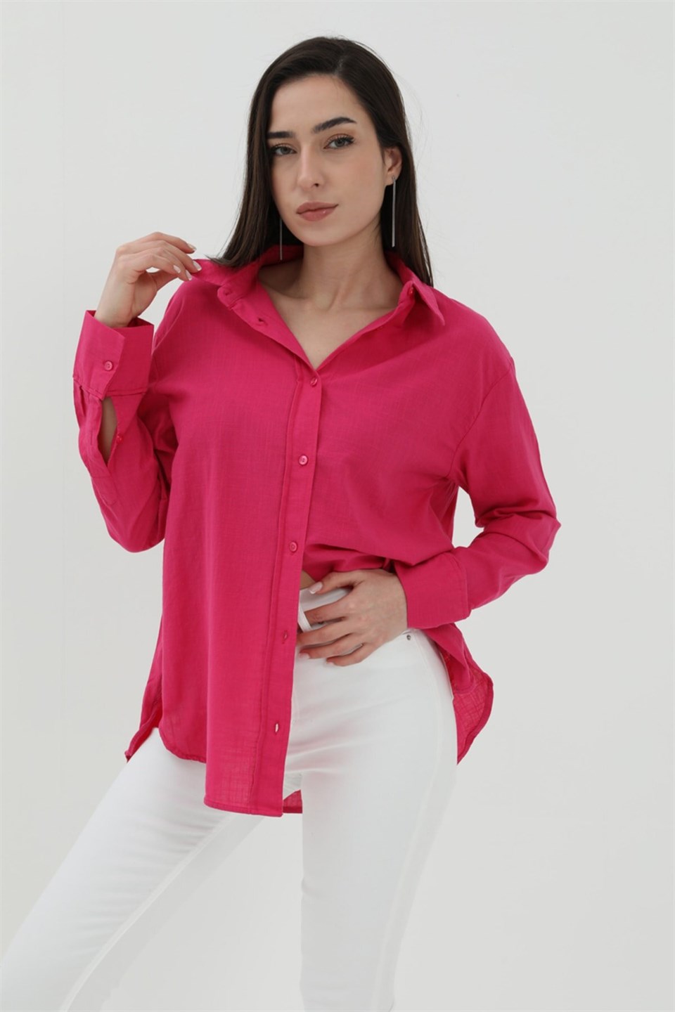 Uzun Kol Oversize Basic Gömlek - Fuşya