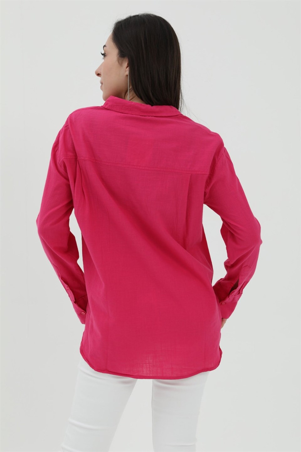 Uzun Kol Oversize Basic Gömlek - Fuşya
