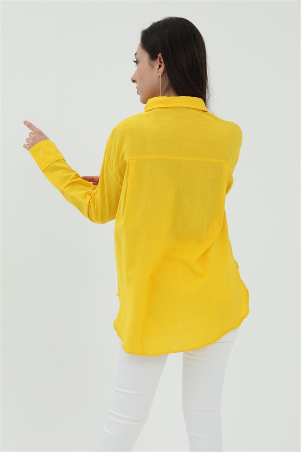Uzun Kol Oversize Basic Gömlek - Sarı