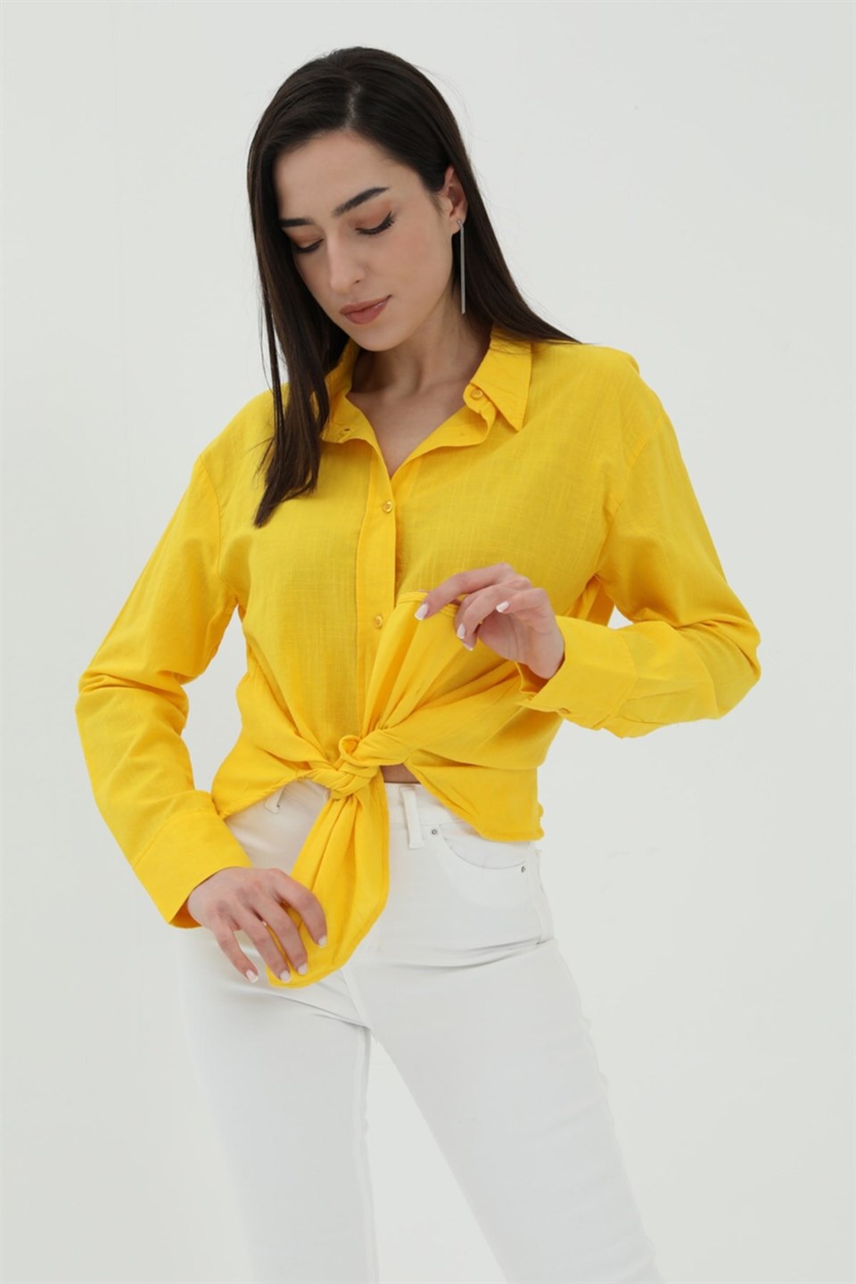 Uzun Kol Oversize Basic Gömlek - Sarı