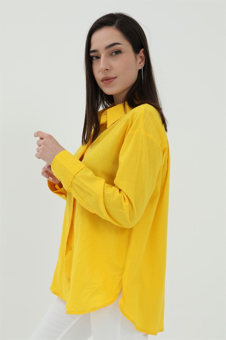 Uzun Kol Oversize Basic Gömlek - Sarı