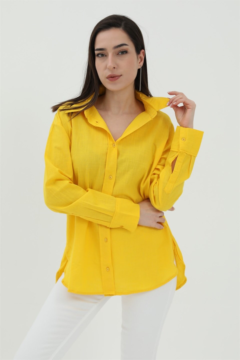 Uzun Kol Oversize Basic Gömlek - Sarı