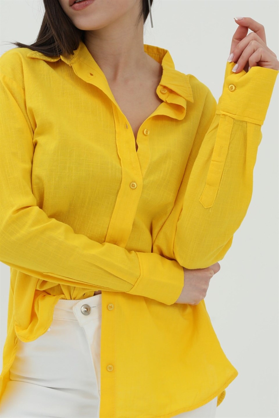 Uzun Kol Oversize Basic Gömlek - Sarı